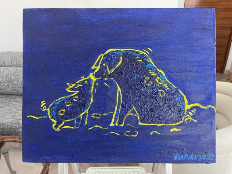 Pintura al oleo mamá cerdito y bebé cerdito en fondo azul