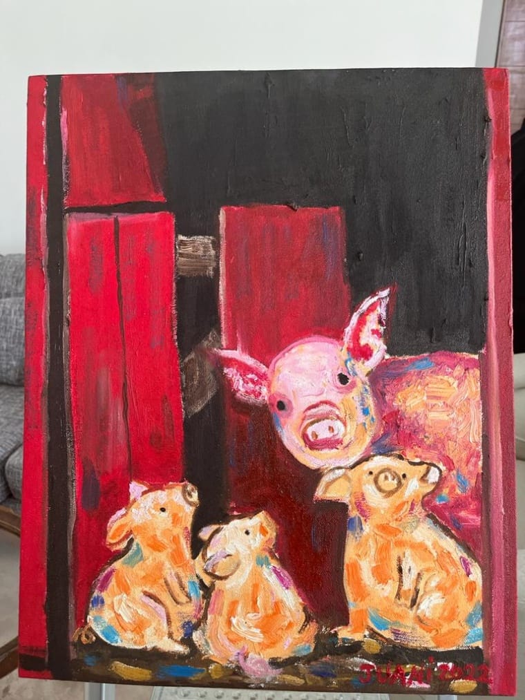 Los tres Cerditos y su mamá Pintura al óleo La Familia II
