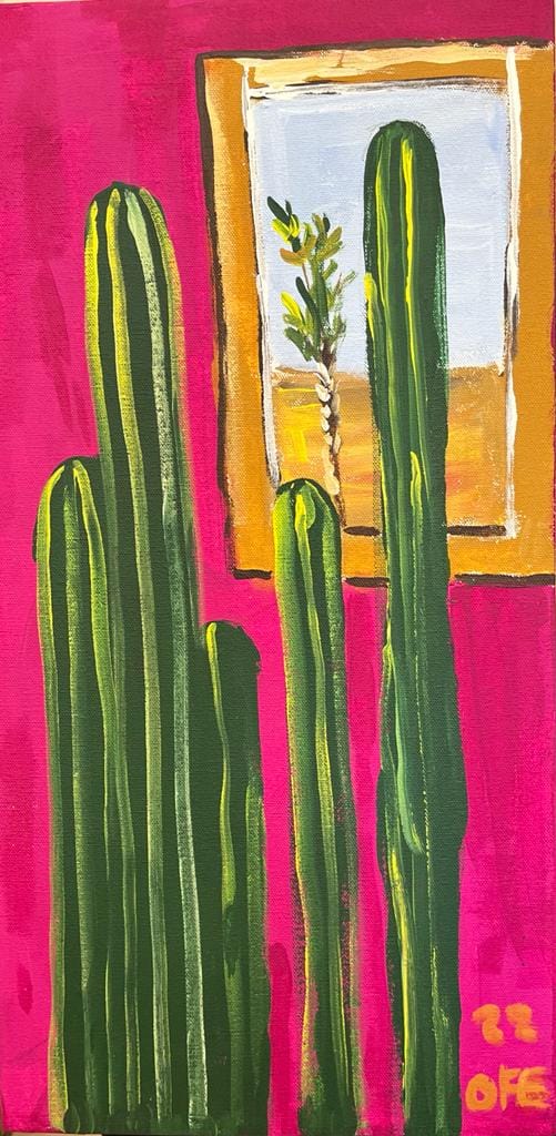 Pintura al oleo cactus y ventana