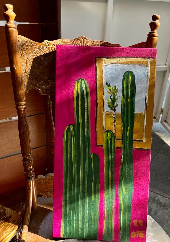 Pintura al oleo cactus y ventana