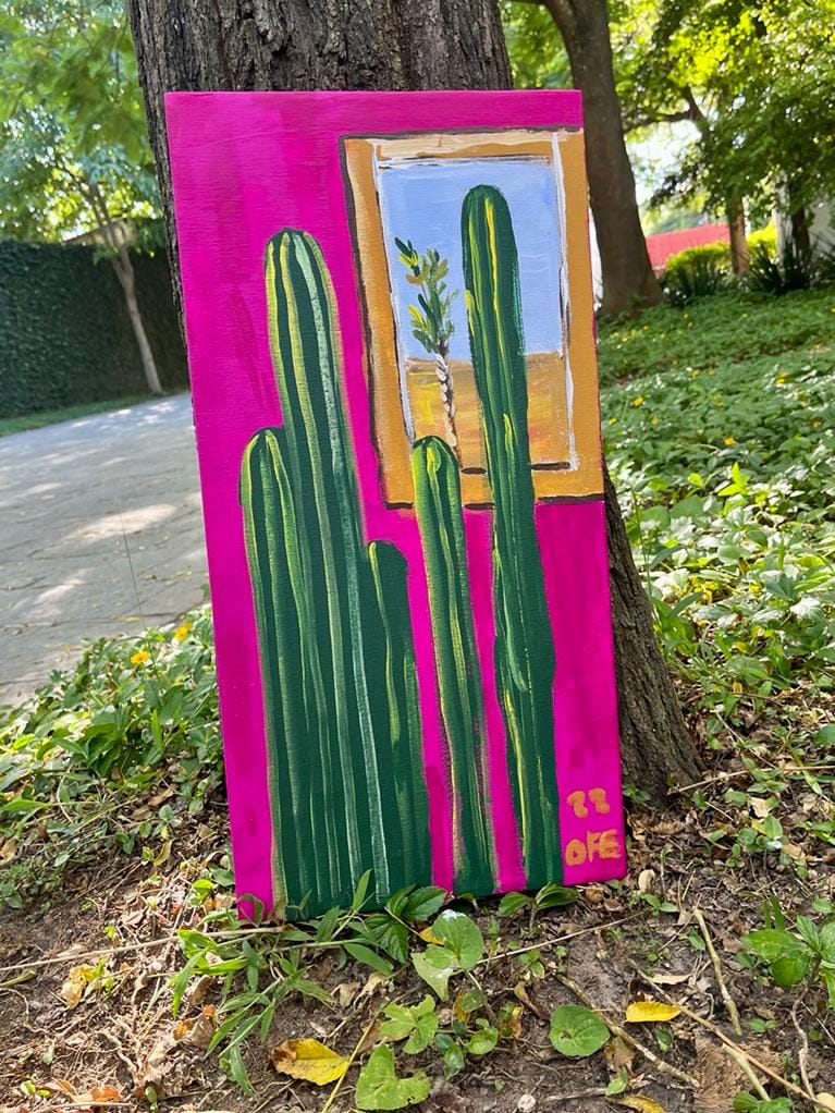 Pintura al oleo cactus y ventana