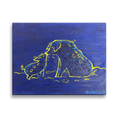 Pintura al óleo mama cerdito y bebé cerdito se dan un besofondo azúl lienas
