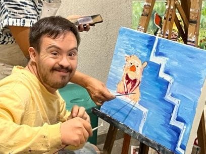 Juancho en escalera azul, pintura al óleo por Juanchiz