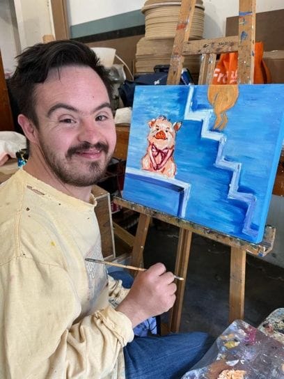 Juancho en escalera azul, pintura al óleo por Juanchiz