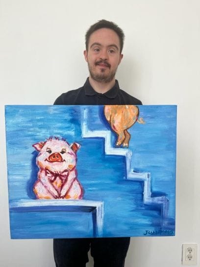 Juancho en escalera azul, pintura al óleo por Juanchiz
